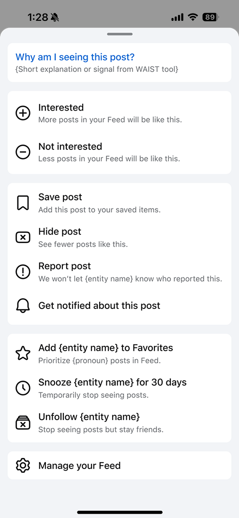 Original post overflow menu with a long, ungrouped list of controls